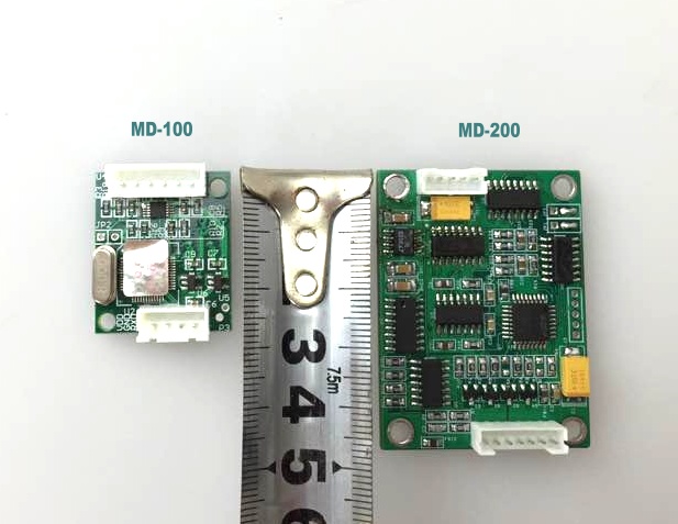 About the MD 200 and MD100. The deference is The size MD100 much smaller than MD 200 (in the catchment) MD100 is a digital but MD 200 analog Module MD100 use a digital sensor,but MD200 BCI compatible